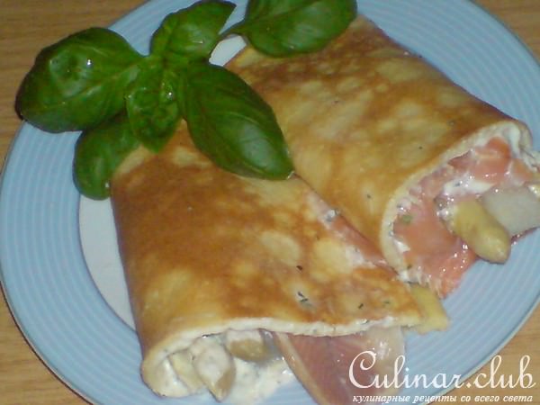 Блинчики спаржевые с начинкой из спаржи и копчёной рыбы
