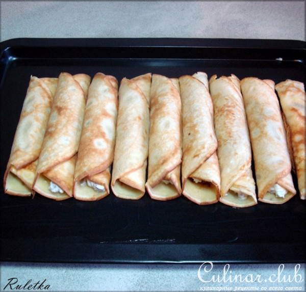 Блинчики с ветчиной и сырной корочкой.