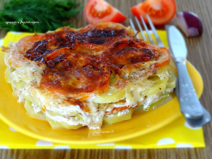 Картофельный гратен с овощами и сулугуни за 30 минут