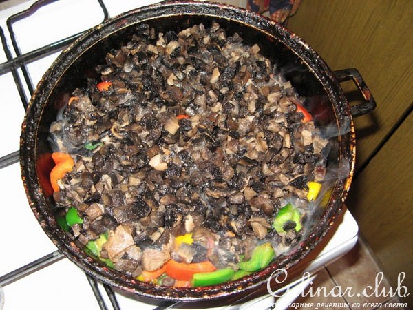 Мясо с грибами и овощами тушеное в вине