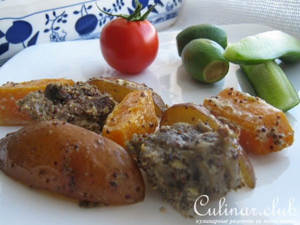 Мясо запечённое с овощами в горчичном соусе.