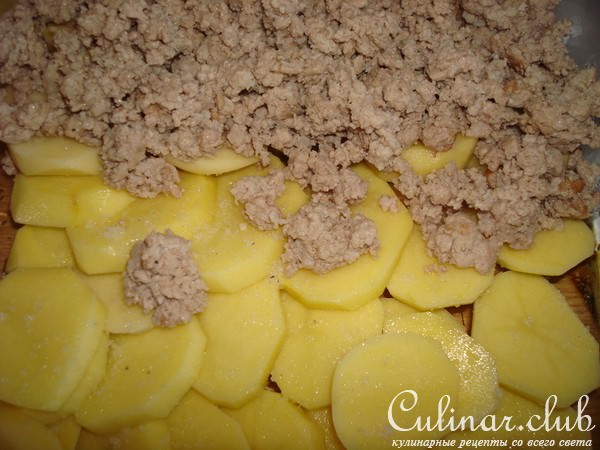 Картофель, запеченный с мясом и грибами