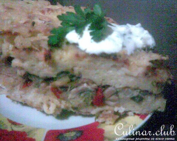 Бабка с начинкой (запеканка из вермишели с мясной начинкой)