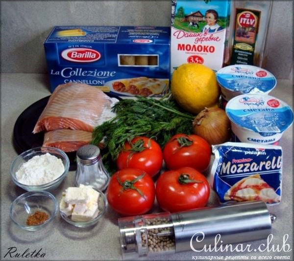 Каннеллони, фаршированные лососем.
