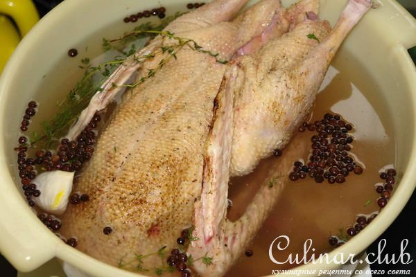 Гусь, водоплавающий в рассоле, запеченный с вкусной начинкой