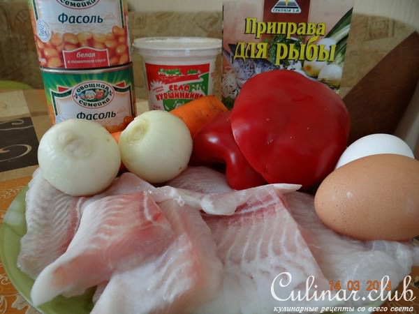 Морской язык, запеченный с овощами и фасолью под нежным суфле