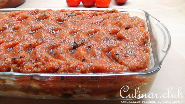Рагу из куриных сердечек и грибов с соусом из кабачков и помидор.