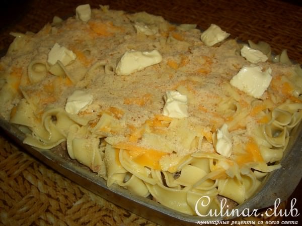 Запеканка из макарон,сыра и печени