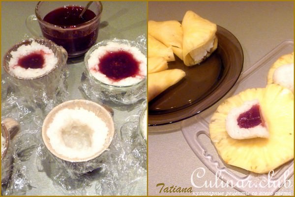 Ананасовые равиоли с кокосовым рисом и малиновым конфитюром