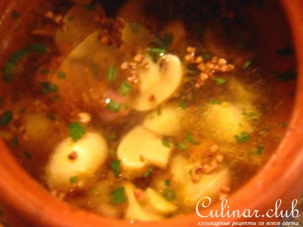 Гречка с курицей и шампиньонами в горшочках