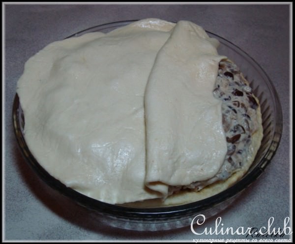 Пирог из слоеного теста с курицей, шампиньонами и опятами в сырно-сливочном соусе.