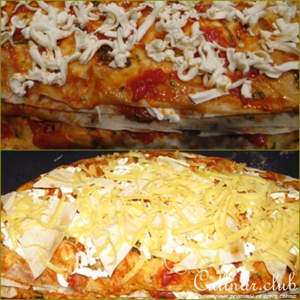Слоённый пирог из лаваша с баклажанами и брынзой.