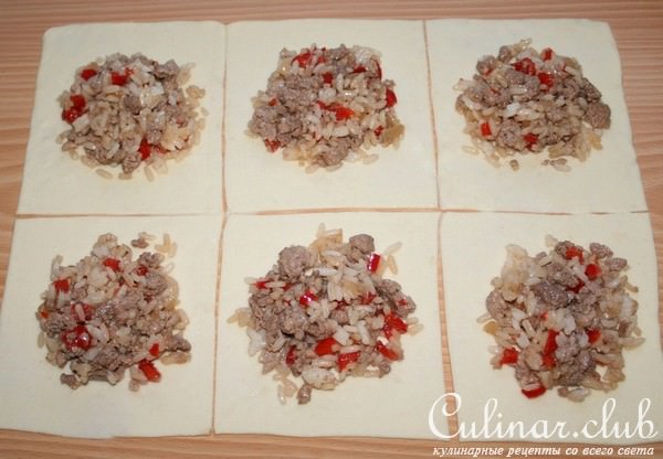 Слоеные конвертики с мясом,рисом и болгарским перцем