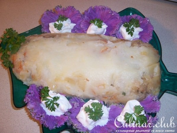 картофельный рулет с мидиями(креветки).