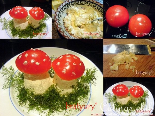 Салат "Мухоморы" из помидоров и творога. Позитивный улыбательный рецепт.