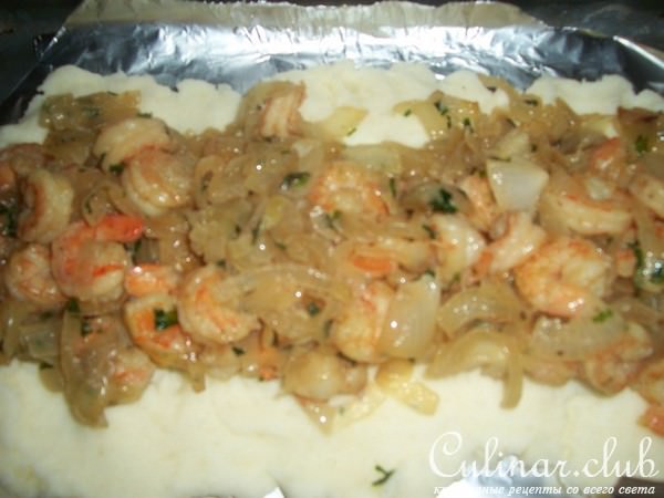 картофельный рулет с мидиями(креветки).