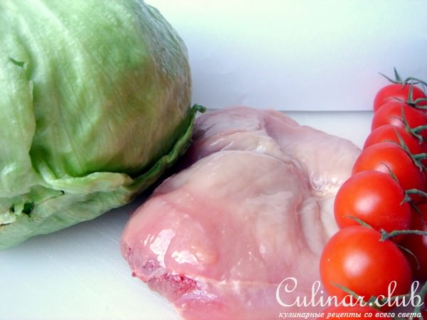 Салат с грудками, с двойным соусом
