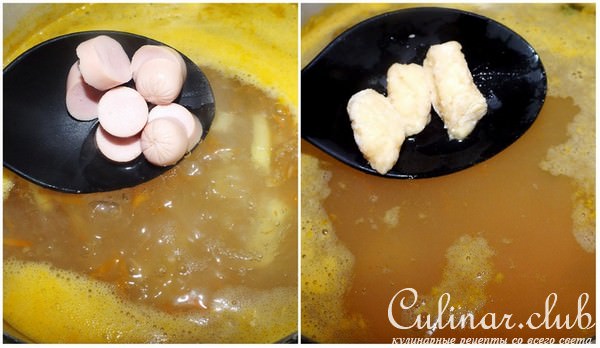 Супчик с сосисками и сырными клецками