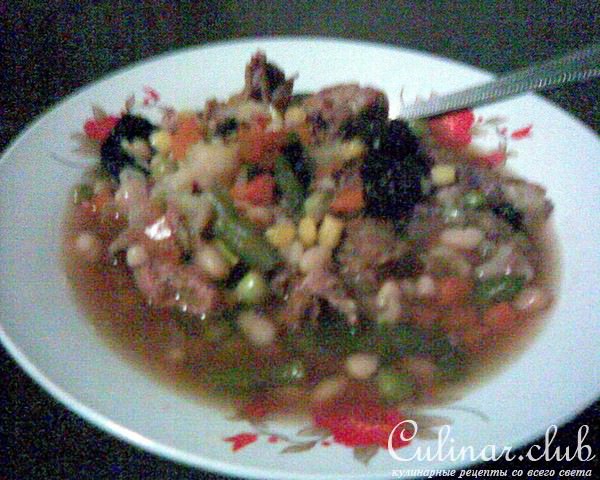 Говяжий суп с фасолью, овощами и черносливом в керамической посуде