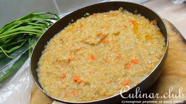 Суп пюре из чечевицы с копчёной сёмгой, зелёным луком и сухариками.
