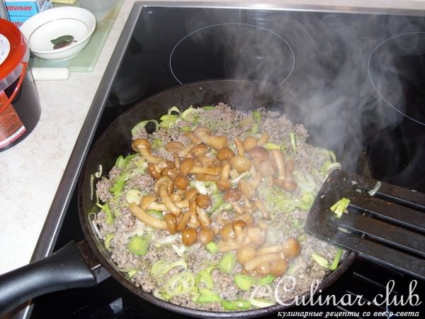 Пирог заливной с мясом, моцареллой и опятами